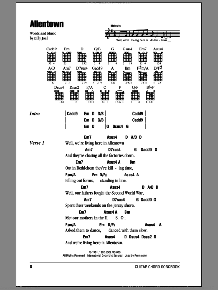 Allentown sheet music for guitar (chords) by Billy Joel, intermediate skill level