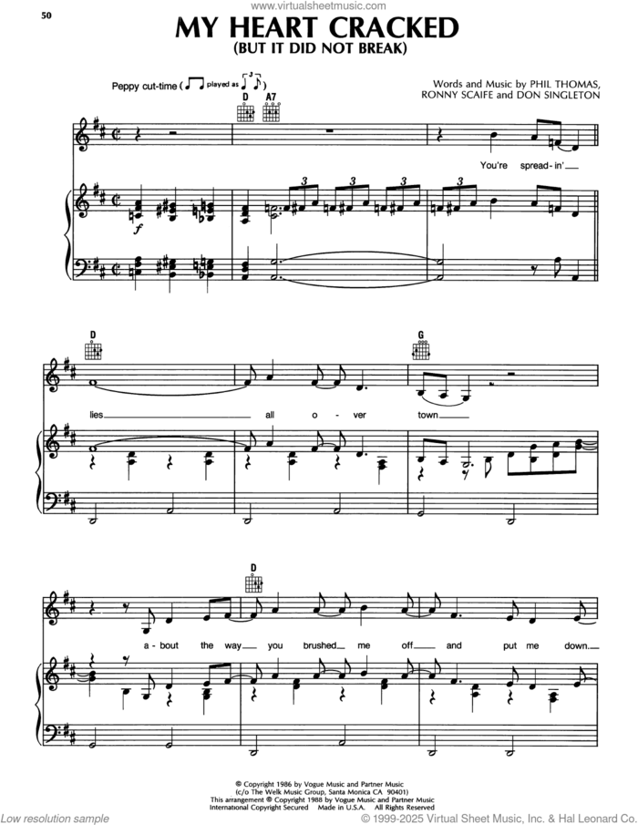 My Heart Cracked (But It Did Not Break) sheet music for voice, piano or guitar by Randy Travis, Don Singleton, Phil Thomas and Ronny Scaife, intermediate skill level