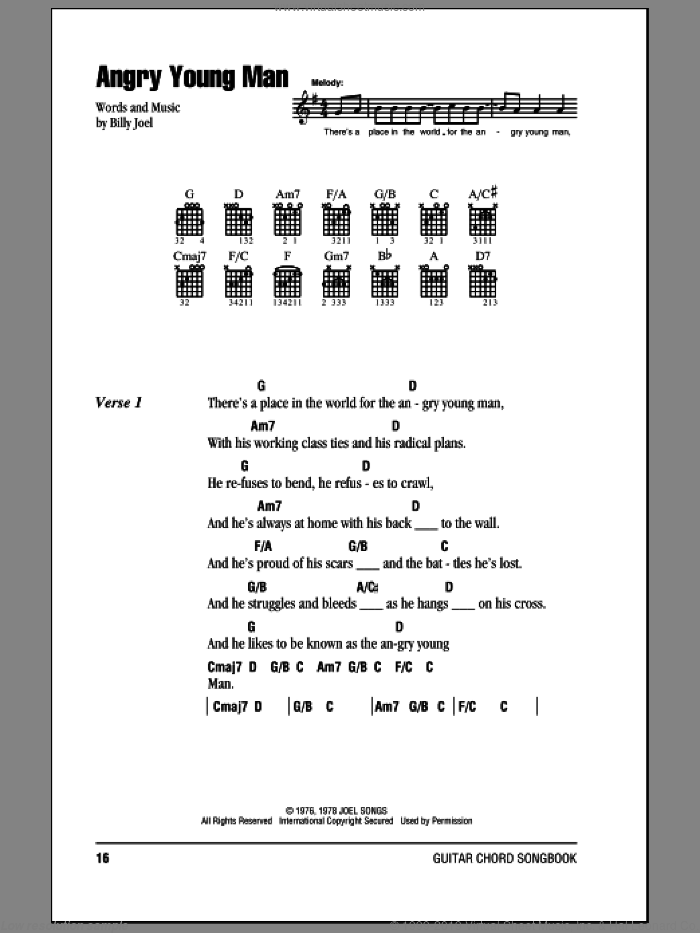 Angry Young Man sheet music for guitar (chords) by Billy Joel, intermediate skill level