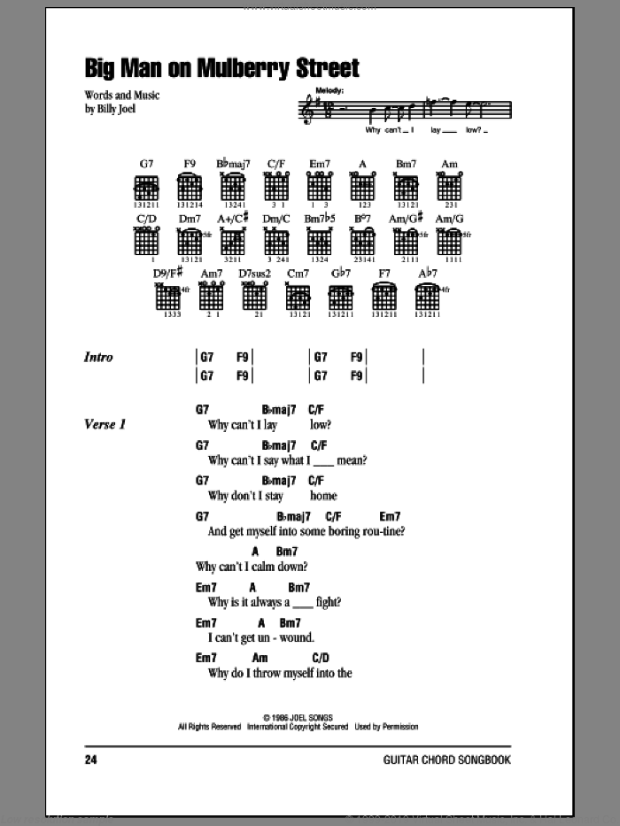Big Man On Mulberry Street sheet music for guitar (chords) by Billy Joel, intermediate skill level