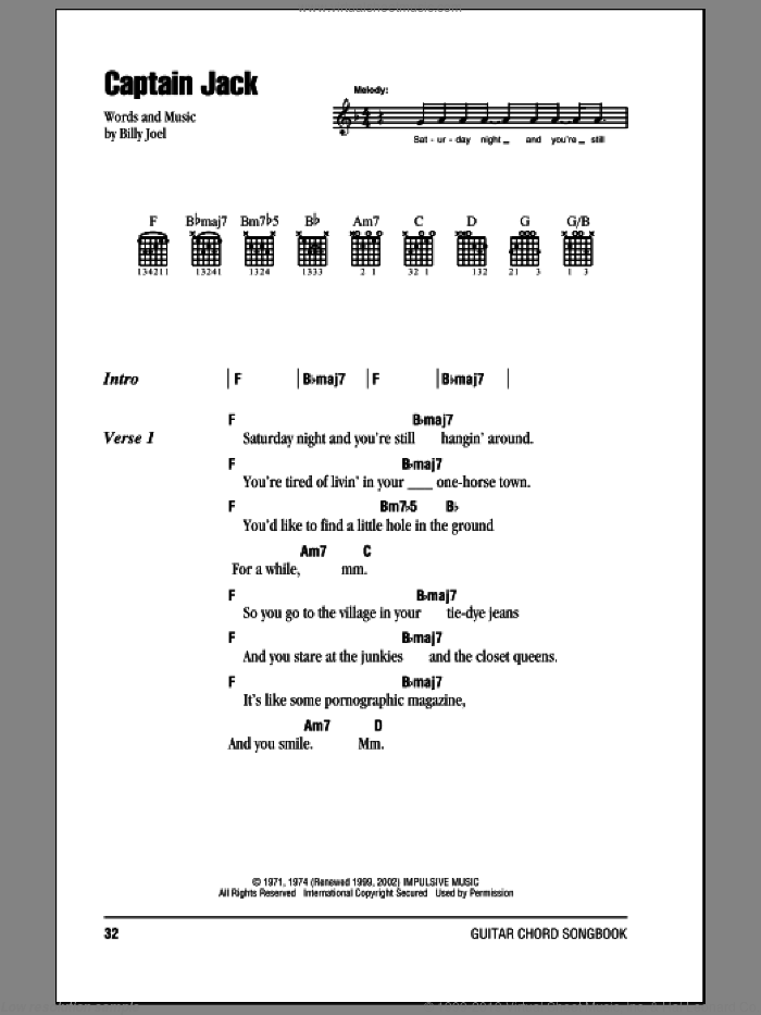 Captain Jack sheet music for guitar (chords) by Billy Joel, intermediate skill level