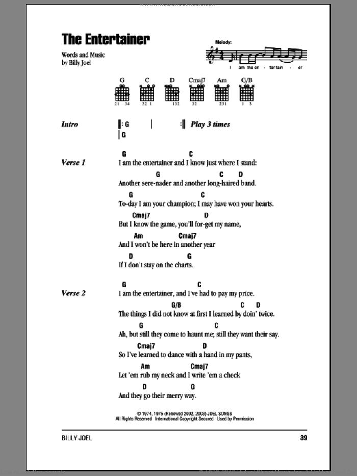 The Entertainer sheet music for guitar (chords) by Billy Joel, intermediate skill level