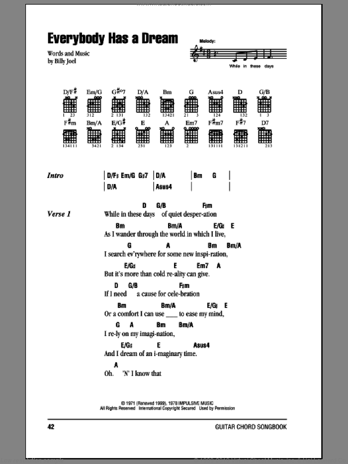 Everybody Has A Dream sheet music for guitar (chords) by Billy Joel, intermediate skill level