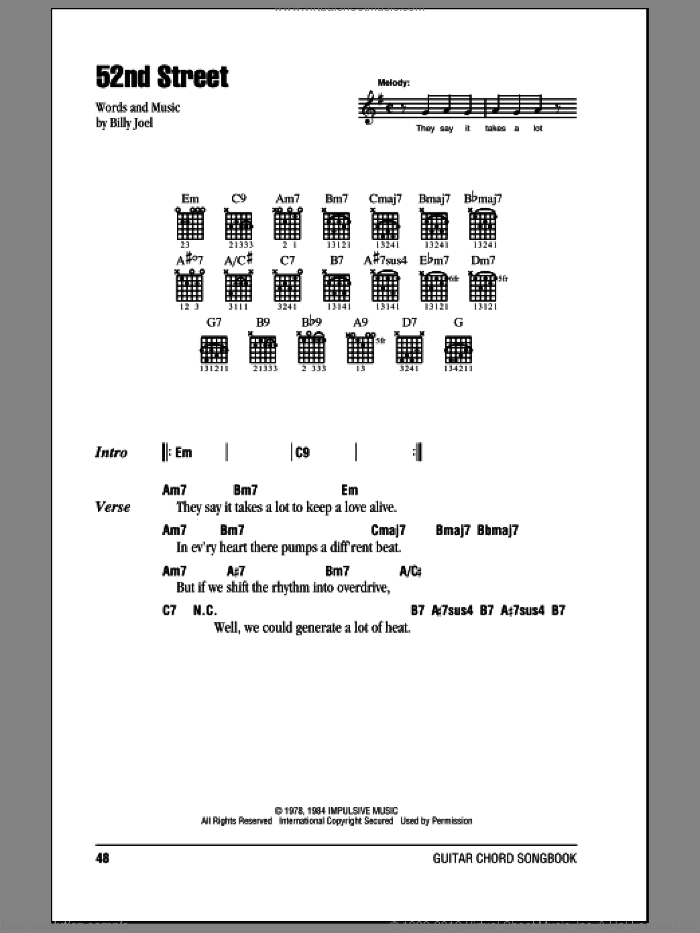 52nd Street sheet music for guitar (chords) by Billy Joel, intermediate skill level