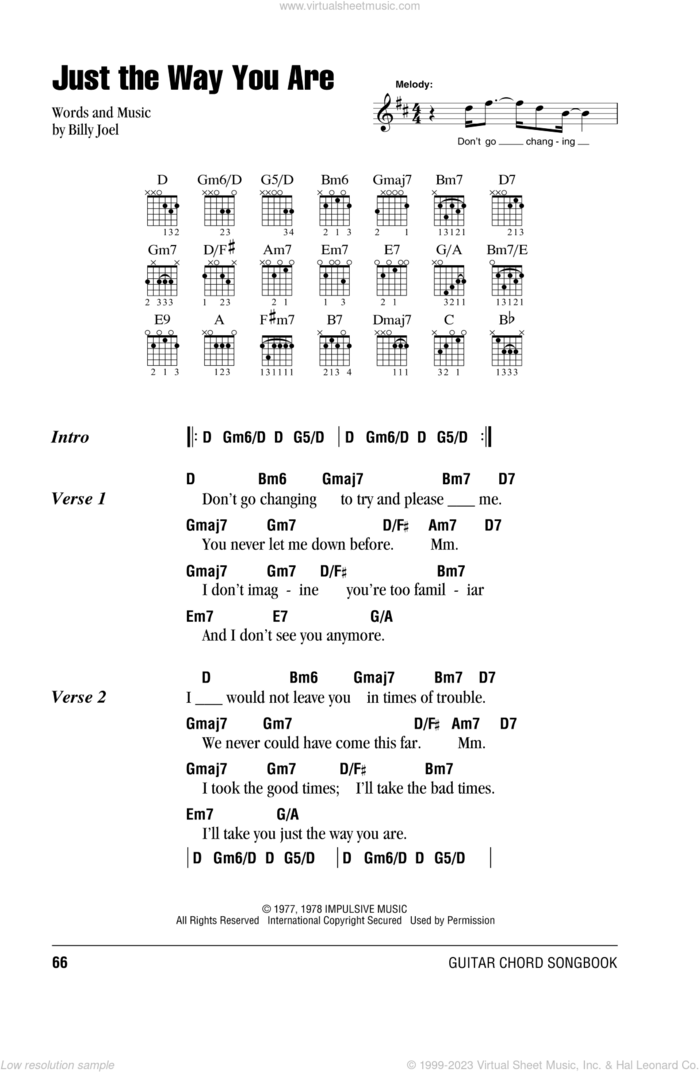 Just The Way You Are sheet music for guitar (chords) by Billy Joel, wedding score, intermediate skill level