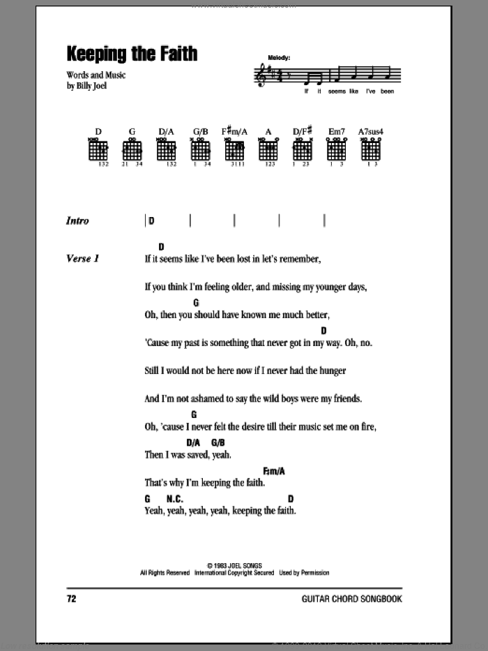 Keeping The Faith sheet music for guitar (chords) by Billy Joel, intermediate skill level