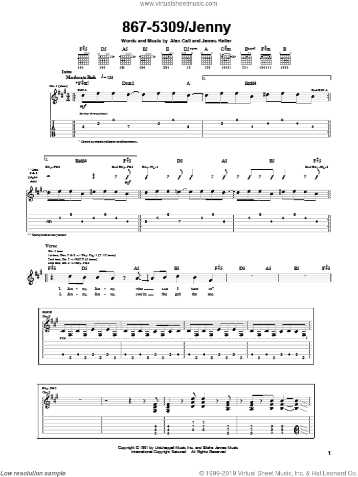 867-5309/Jenny sheet music for guitar (tablature) by Tommy Tutone, Alex Call and James Keller, intermediate skill level