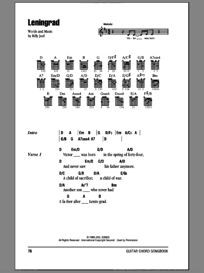 Leningrad sheet music for guitar (chords) by Billy Joel, intermediate skill level