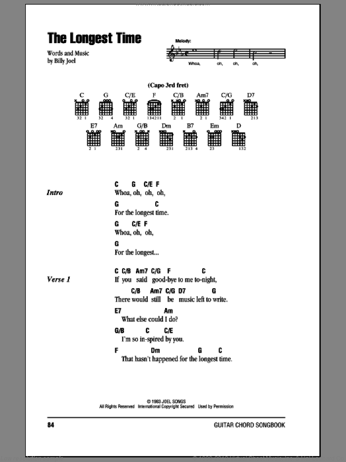 The Longest Time sheet music for guitar (chords) by Billy Joel, intermediate skill level
