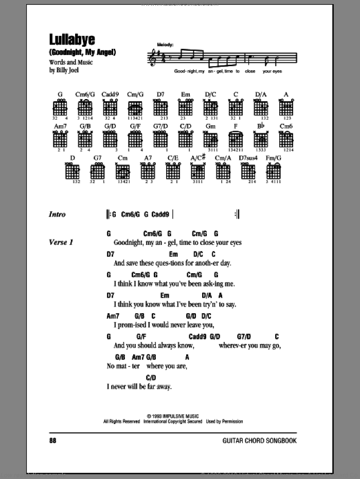 Lullabye (Goodnight, My Angel) sheet music for guitar (chords) by Billy Joel, intermediate skill level