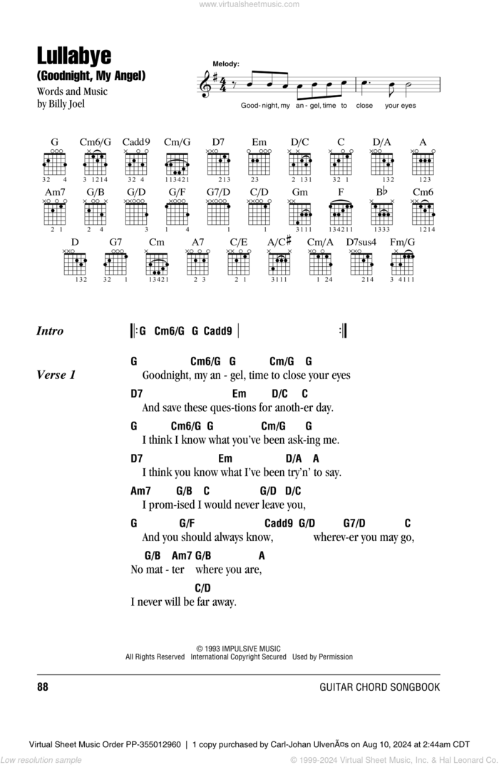 Lullabye (Goodnight, My Angel) sheet music for guitar (chords) by Billy Joel, intermediate skill level