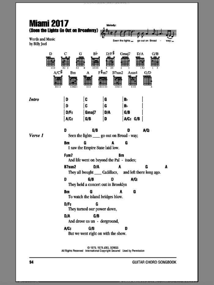 Miami 2017 (Seen The Lights Go Out On Broadway) sheet music for guitar (chords) by Billy Joel, intermediate skill level