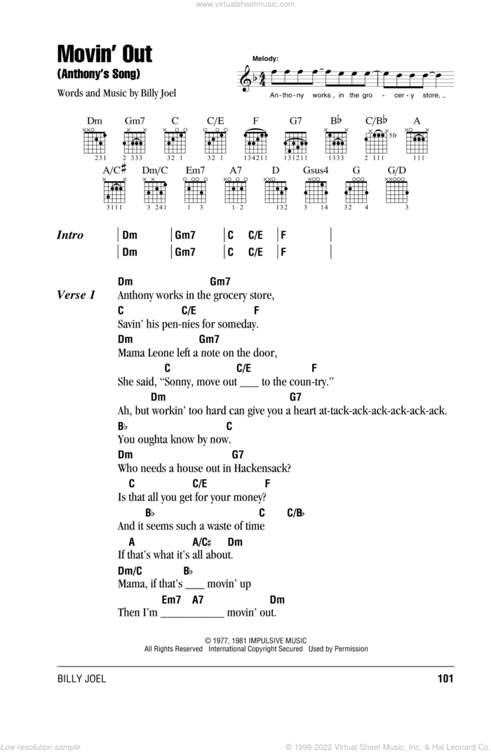 Movin' Out (Anthony's Song) sheet music for guitar (chords) by Billy Joel, intermediate skill level