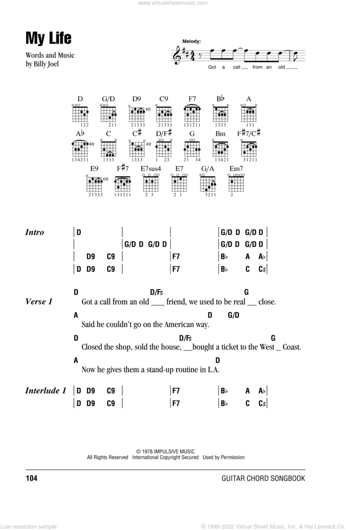 My Life sheet music for guitar (chords) by Billy Joel, intermediate skill level