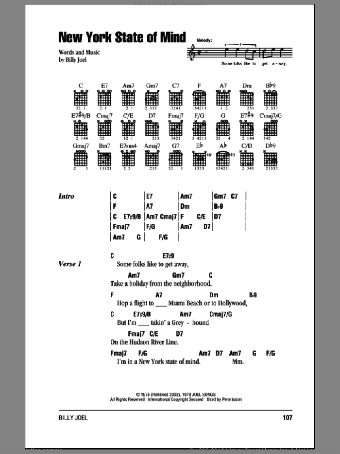 New York State Of Mind sheet music for guitar (chords) by Billy Joel, intermediate skill level