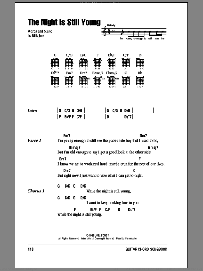 The Night Is Still Young sheet music for guitar (chords) by Billy Joel, intermediate skill level