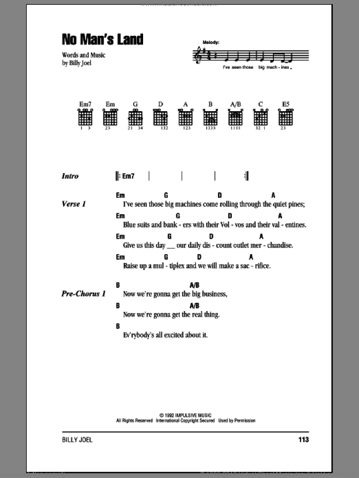 No Man's Land sheet music for guitar (chords) by Billy Joel, intermediate skill level