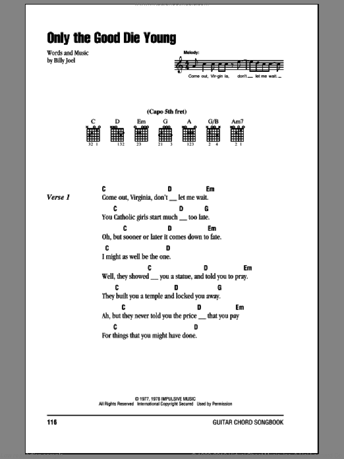 Only The Good Die Young sheet music for guitar (chords) by Billy Joel, intermediate skill level