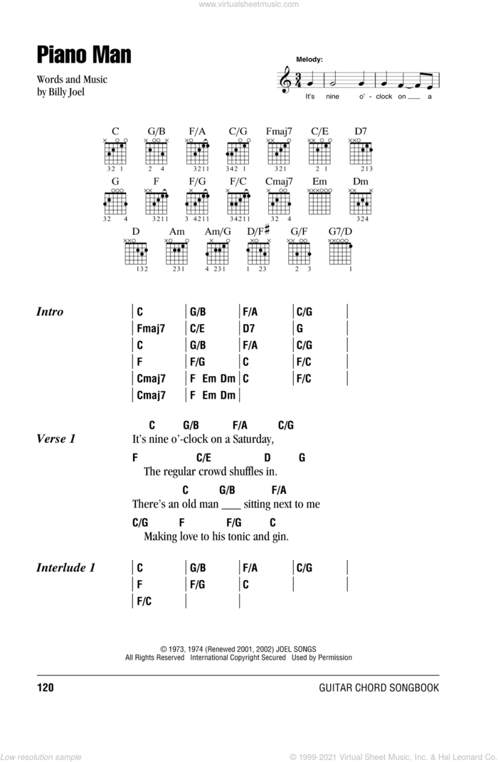 Piano Man sheet music for guitar (chords) by Billy Joel, intermediate skill level