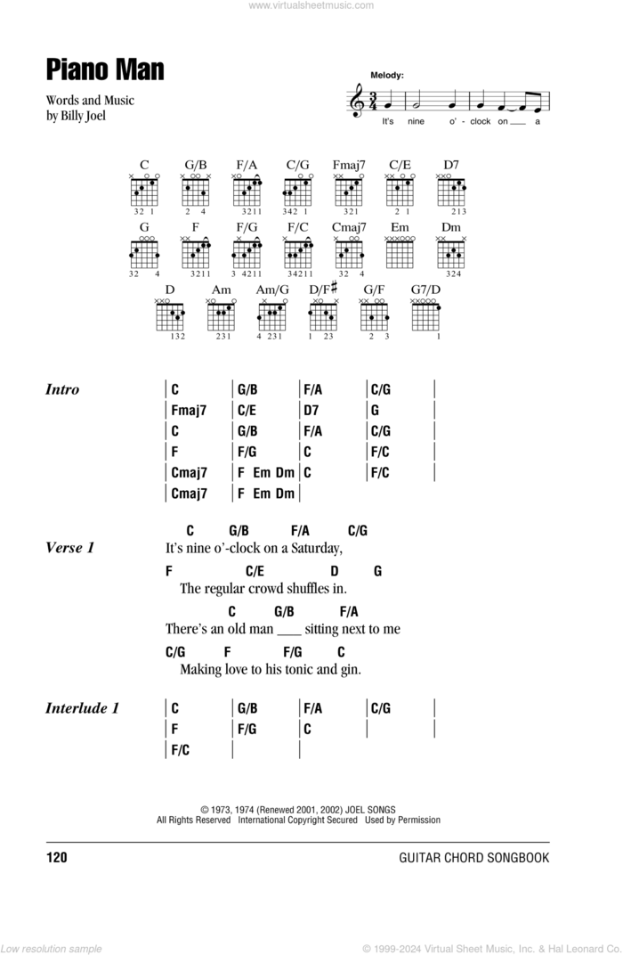 Piano Man sheet music for guitar (chords) by Billy Joel, intermediate skill level