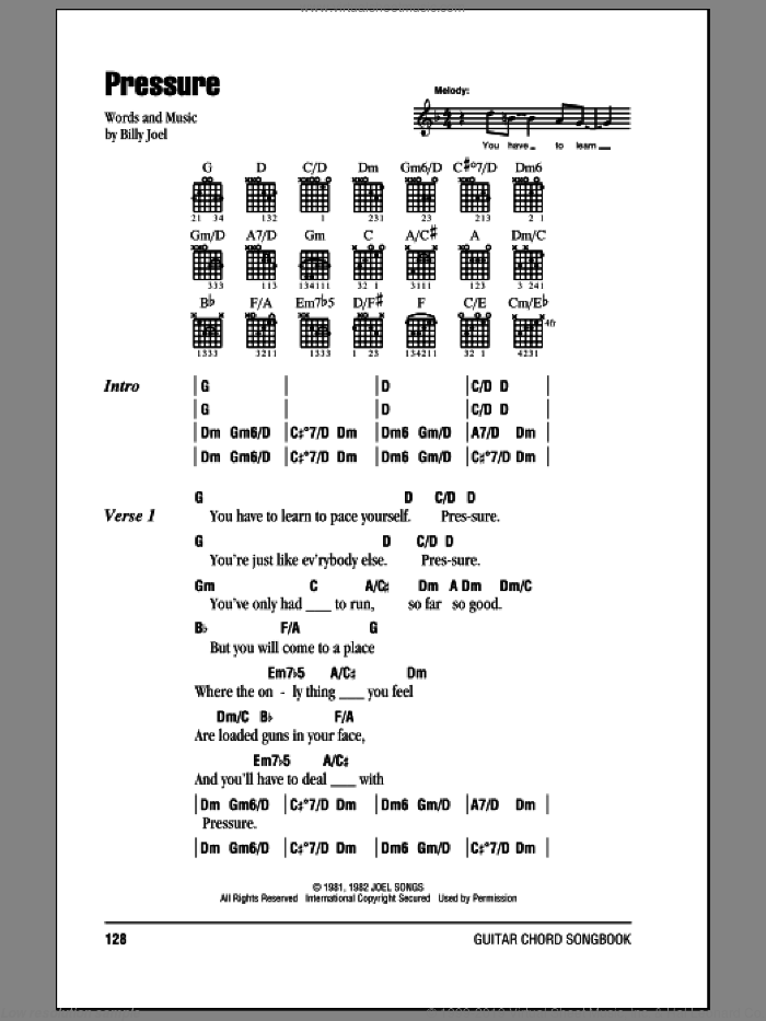 Pressure sheet music for guitar (chords) by Billy Joel, intermediate skill level