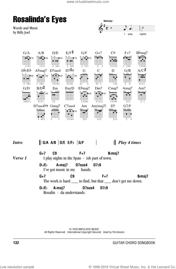 Rosalinda's Eyes sheet music for guitar (chords) by Billy Joel, intermediate skill level