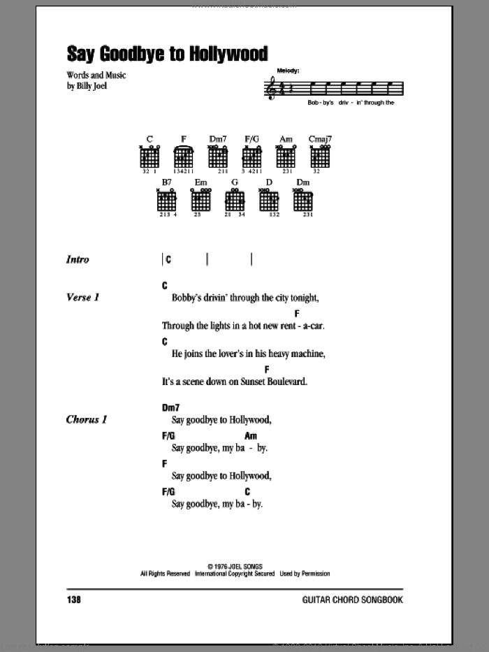 Say Goodbye To Hollywood sheet music for guitar (chords) by Billy Joel, intermediate skill level