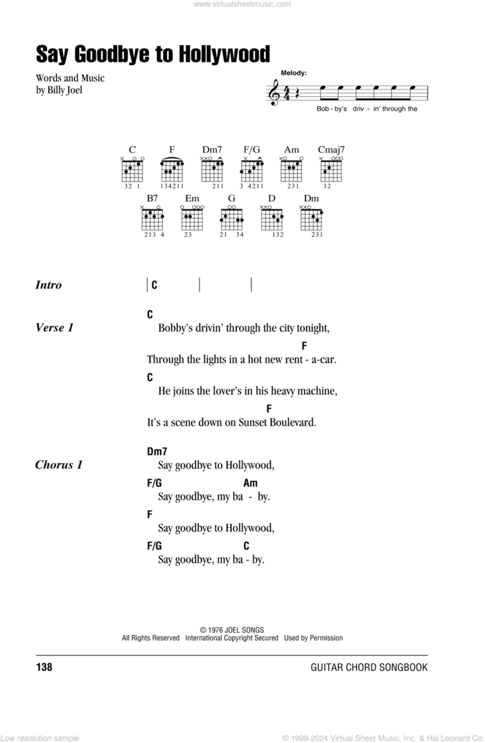 Say Goodbye To Hollywood sheet music for guitar (chords) by Billy Joel, intermediate skill level