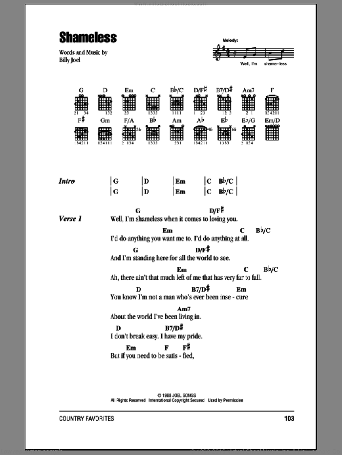 Shameless sheet music for guitar (chords) by Billy Joel, intermediate skill level