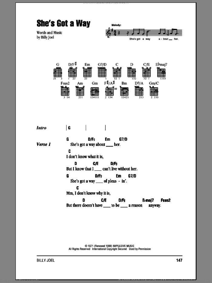 She's Got A Way sheet music for guitar (chords) by Billy Joel, intermediate skill level