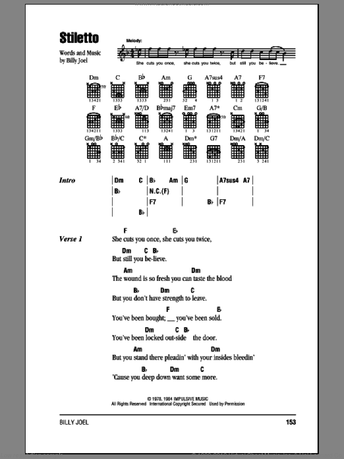 Stiletto sheet music for guitar (chords) by Billy Joel, intermediate skill level
