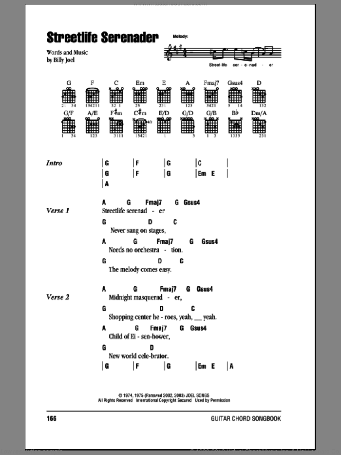 Streetlife Serenader sheet music for guitar (chords) by Billy Joel, intermediate skill level