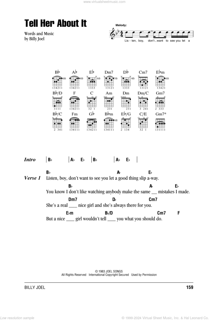 Tell Her About It sheet music for guitar (chords) by Billy Joel, intermediate skill level