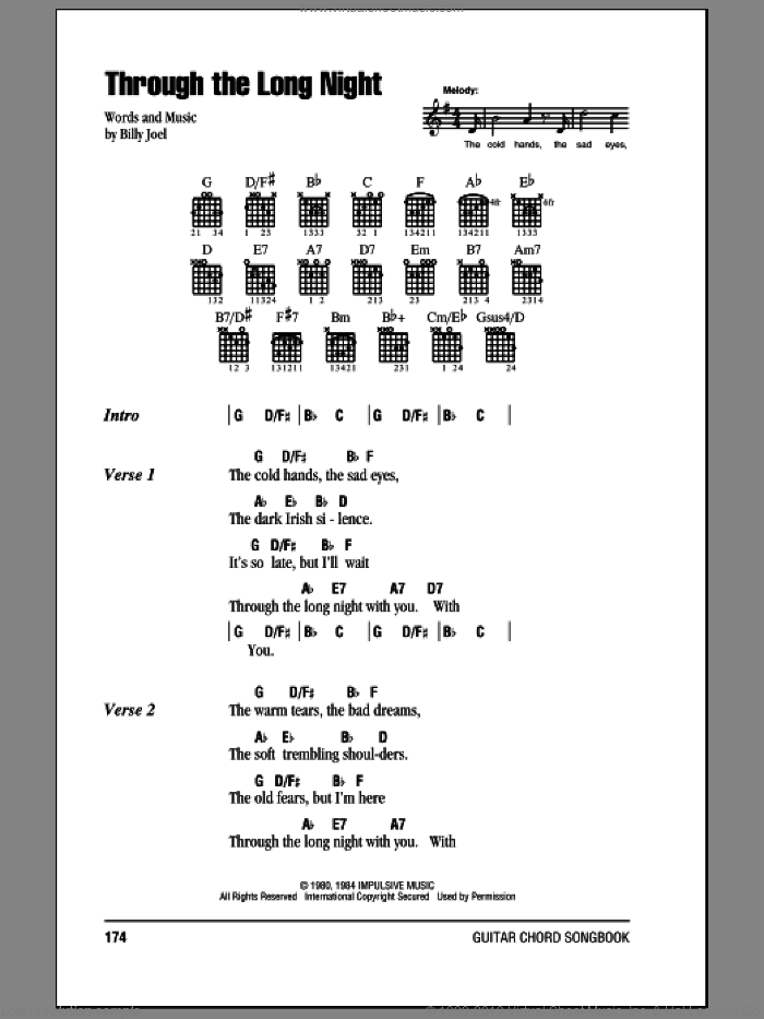 Through The Long Night sheet music for guitar (chords) by Billy Joel, intermediate skill level