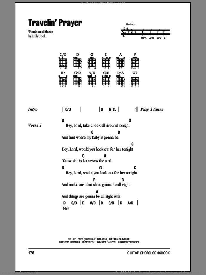 Travelin' Prayer sheet music for guitar (chords) by Billy Joel, intermediate skill level