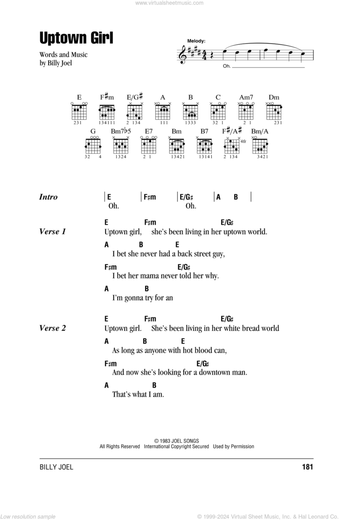 Uptown Girl sheet music for guitar (chords) by Billy Joel, intermediate skill level