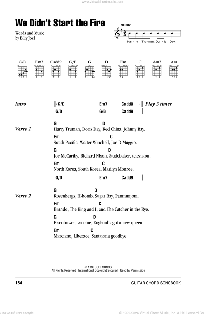 We Didn't Start The Fire sheet music for guitar (chords) by Billy Joel, intermediate skill level