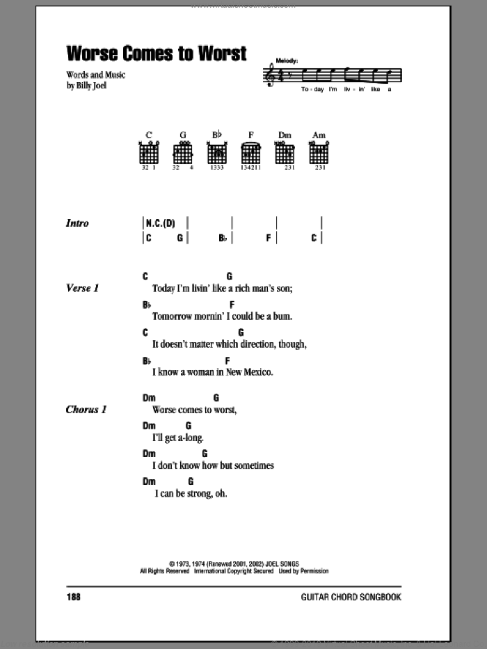 Worse Comes To Worst sheet music for guitar (chords) by Billy Joel, intermediate skill level