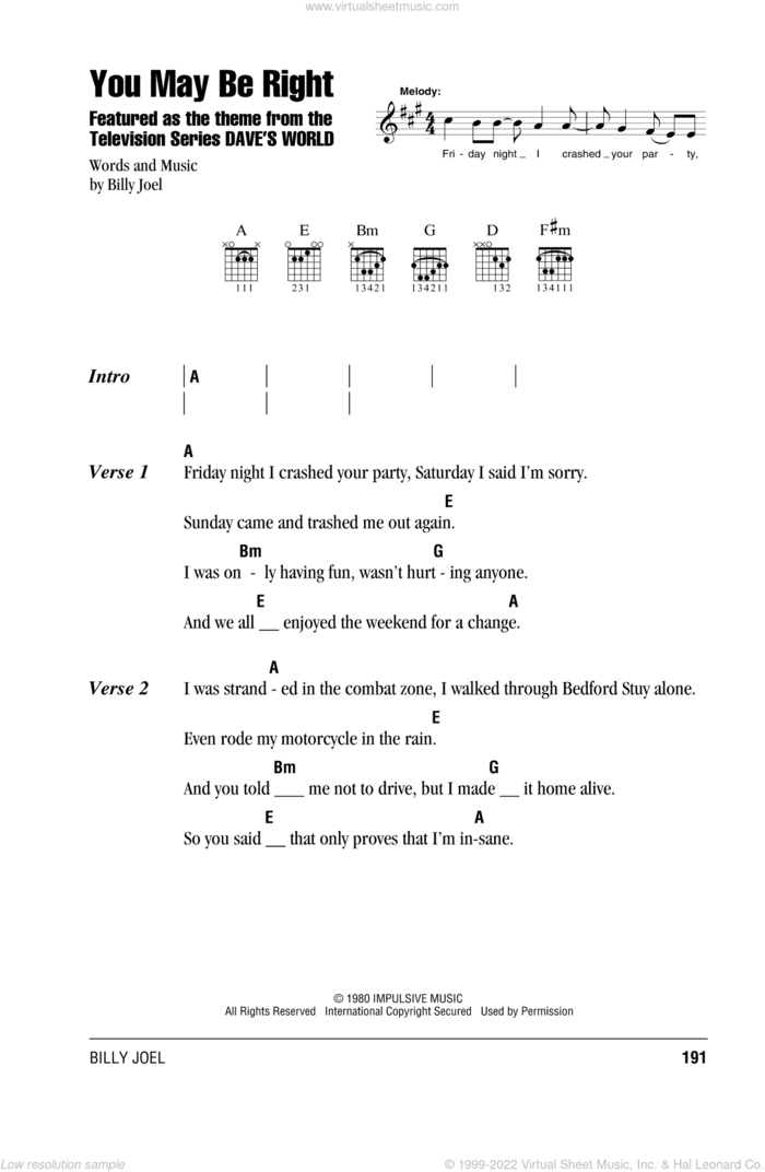 You May Be Right sheet music for guitar (chords) by Billy Joel, intermediate skill level