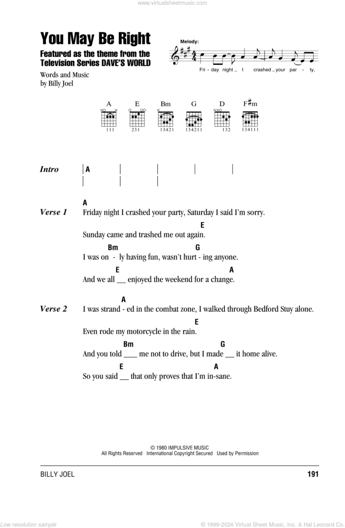 You May Be Right sheet music for guitar (chords) by Billy Joel, intermediate skill level