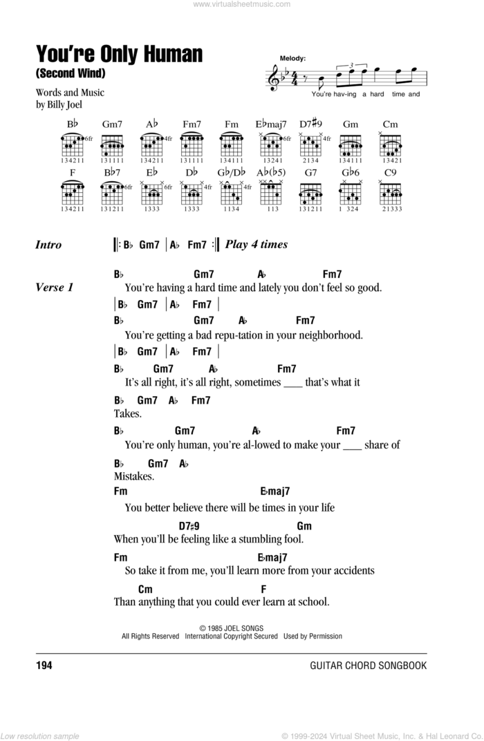 You're Only Human (Second Wind) sheet music for guitar (chords) by Billy Joel, intermediate skill level