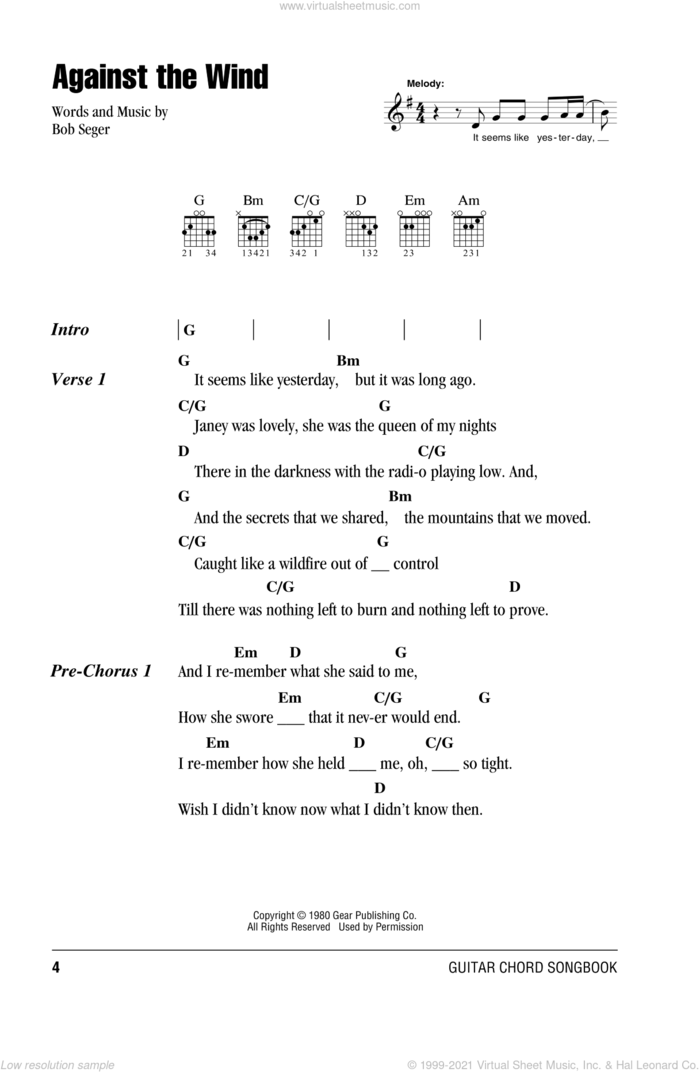 Against The Wind sheet music for guitar (chords) by Bob Seger, intermediate skill level