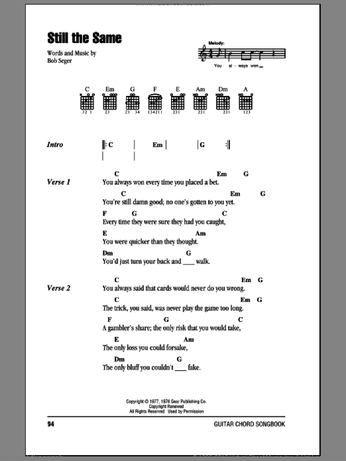 Still The Same sheet music for guitar (chords) by Bob Seger, intermediate skill level
