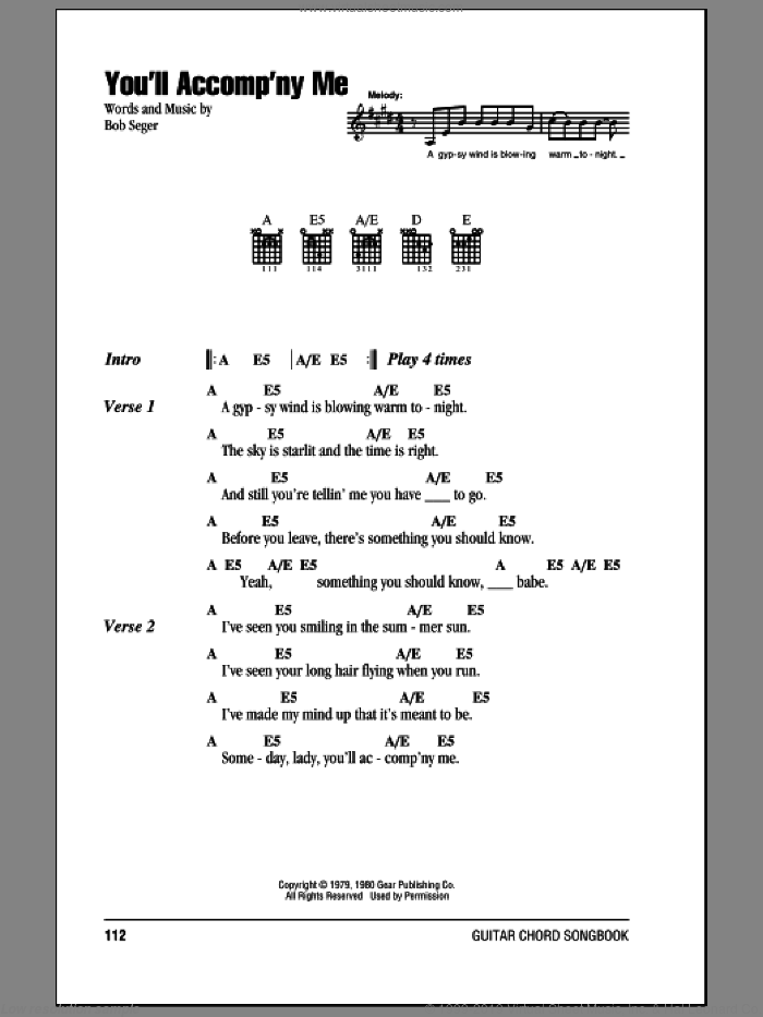 You'll Accomp'ny Me sheet music for guitar (chords) by Bob Seger, wedding score, intermediate skill level