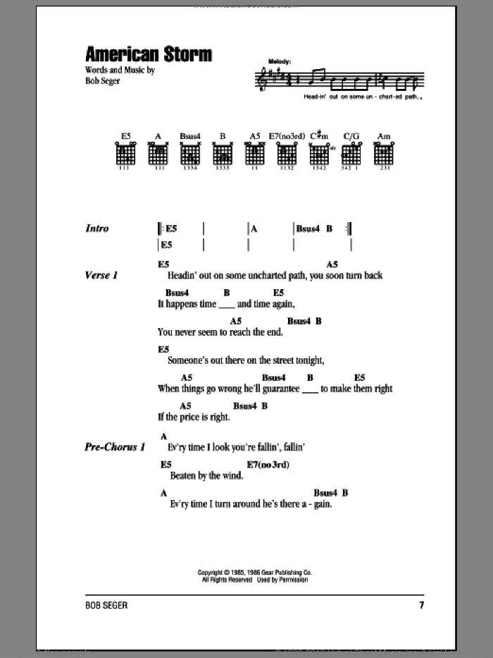 American Storm sheet music for guitar (chords) by Bob Seger, intermediate skill level