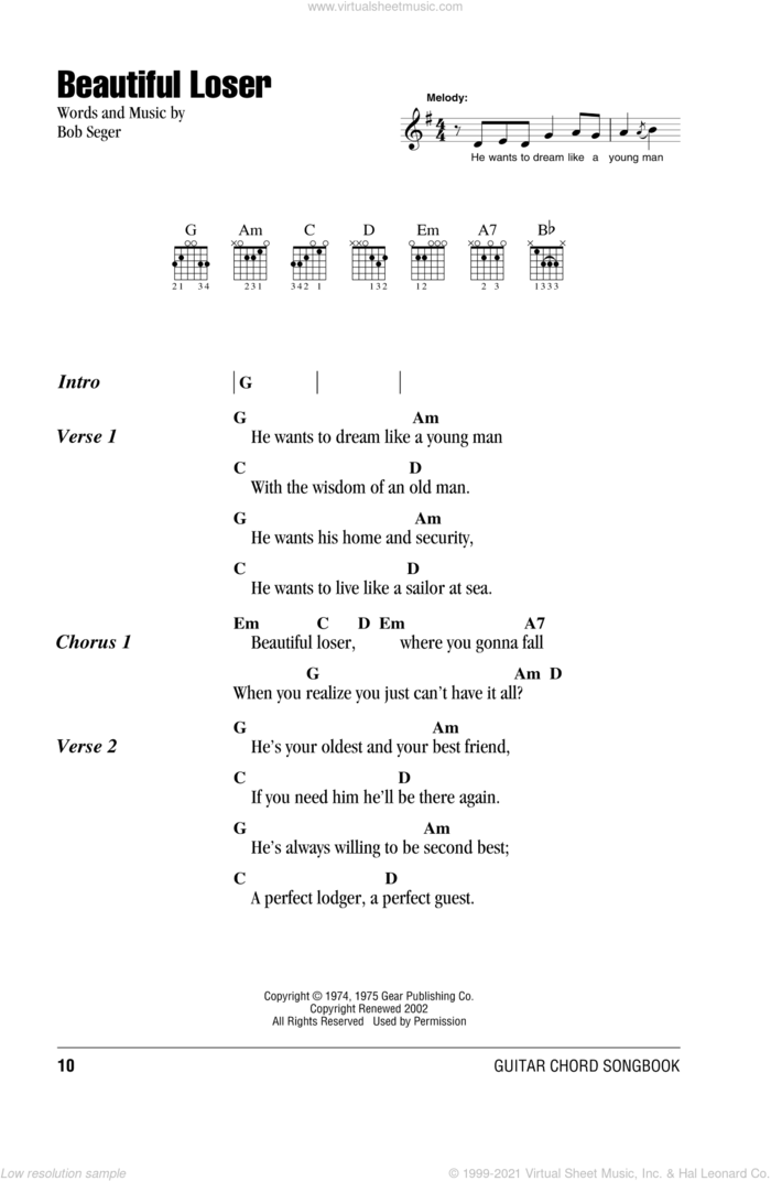 Beautiful Loser sheet music for guitar (chords) by Bob Seger, intermediate skill level