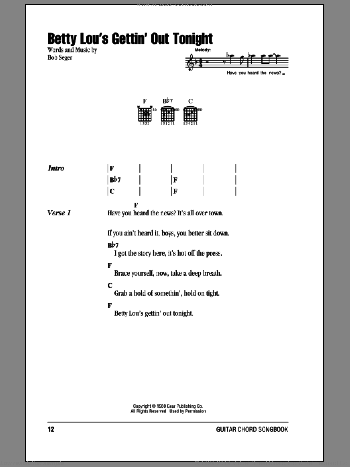 Betty Lou's Gettin' Out Tonight sheet music for guitar (chords) by Bob Seger, intermediate skill level