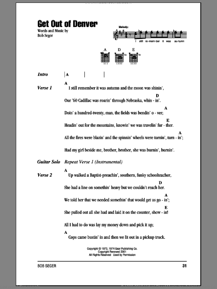 Get Out Of Denver sheet music for guitar (chords) by Bob Seger, intermediate skill level