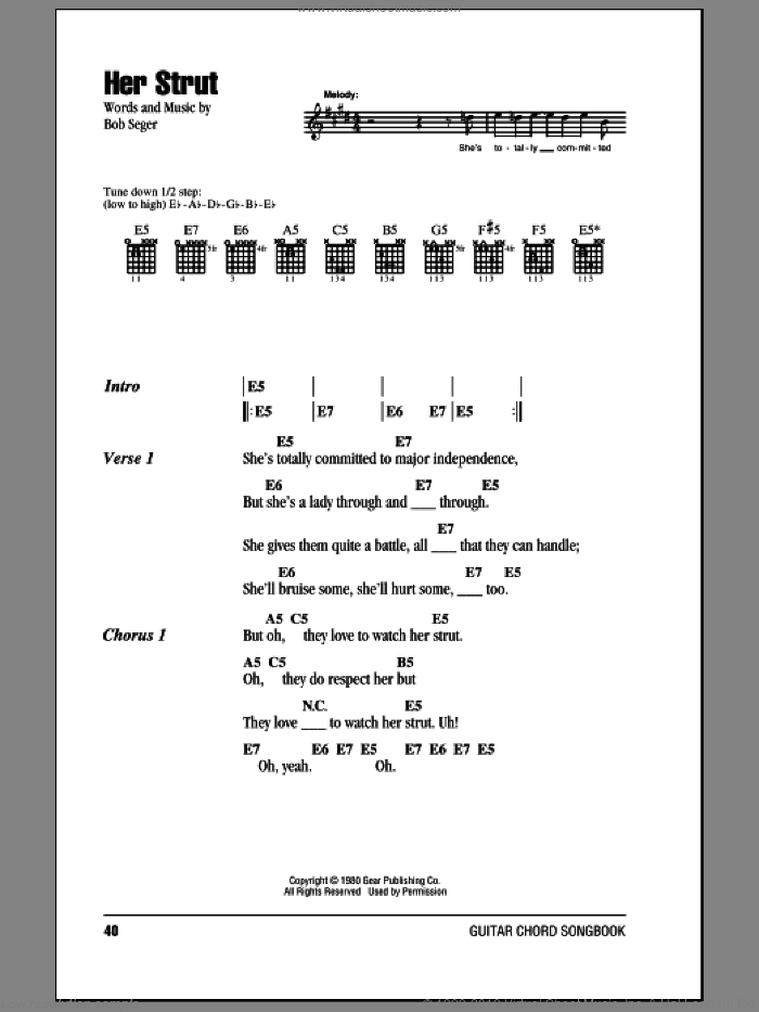 Her Strut sheet music for guitar (chords) by Bob Seger, intermediate skill level