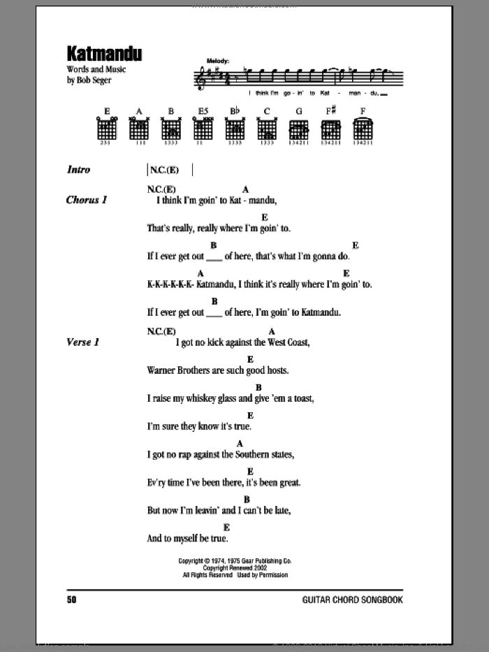 Katmandu sheet music for guitar (chords) by Bob Seger, intermediate skill level
